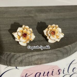 Gold Vintage-Inspired Enamel Floral Leverback Earrings W/Amber Stone